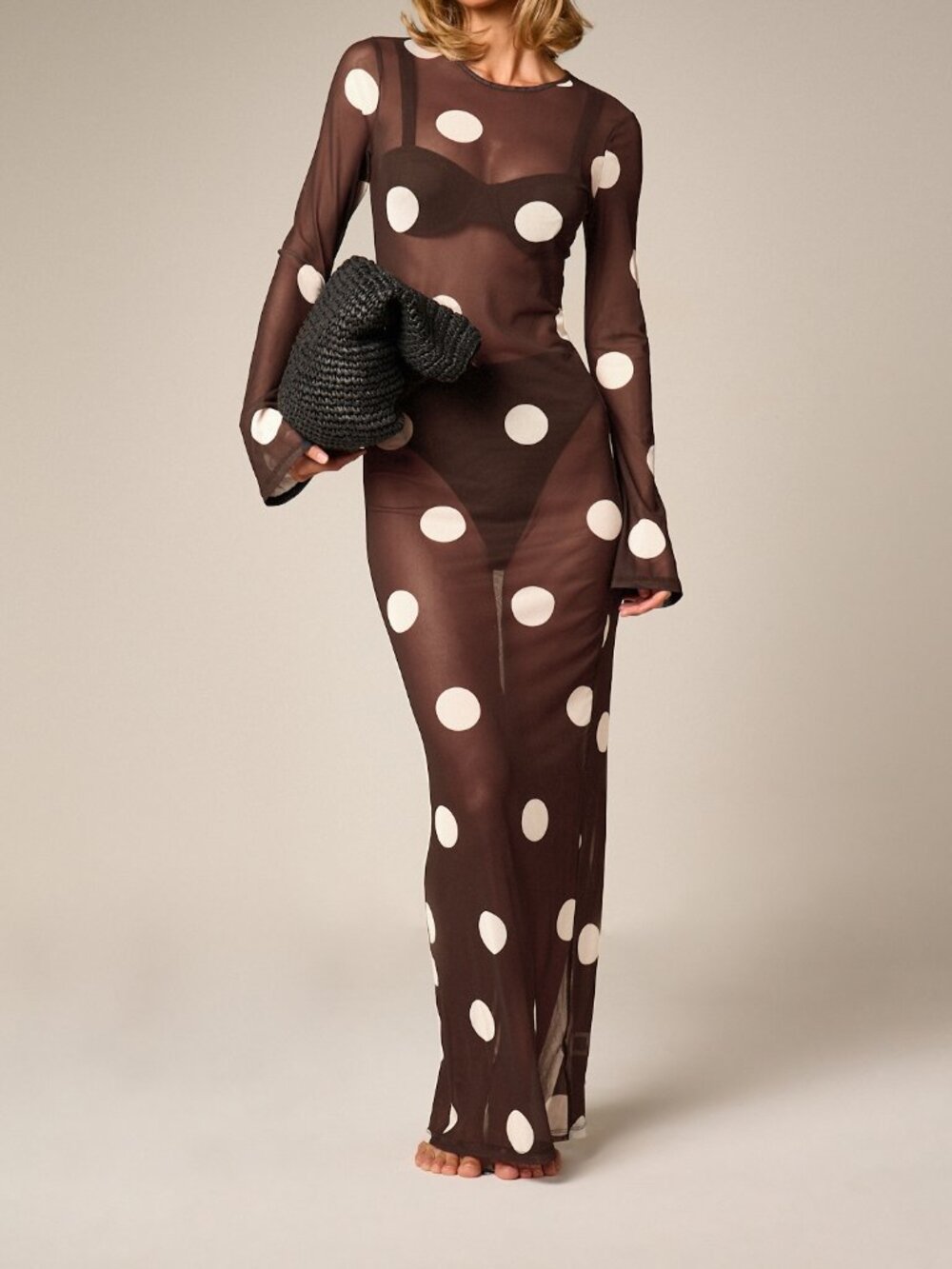 Chocolate Brown Elegant Women's Sheer Mesh Polka Dot Maxi Dress